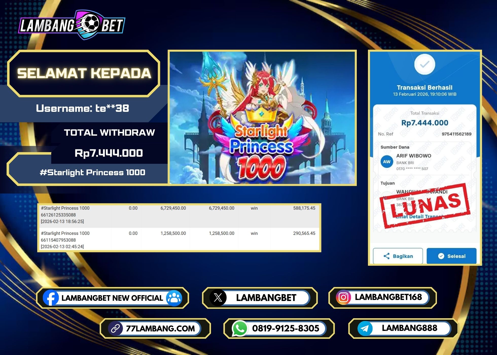 LAMBANGBET [13 FEBRUARI 2026] JACKPOT SLOT Starlight Princess 1000 "Rp7.444.000" LUNAS